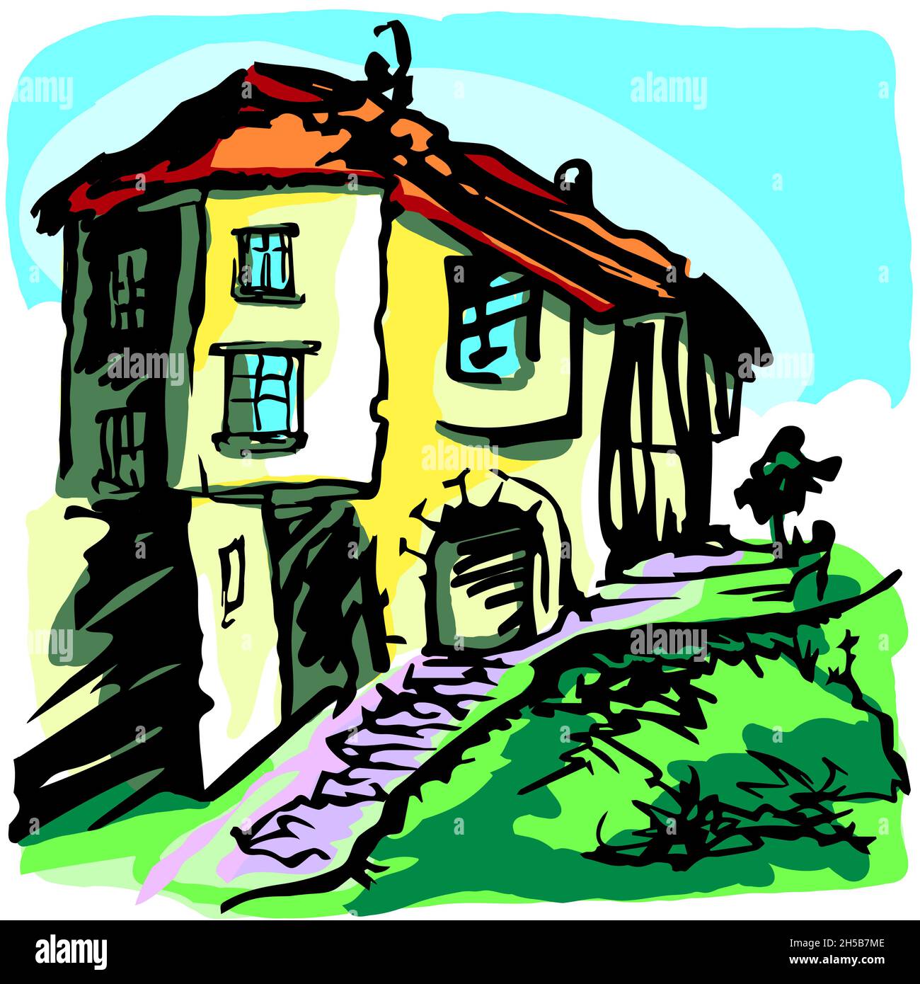 Casa gialla sulla strada della città vecchia. Schizzo a colori. Illustrazione Vettoriale