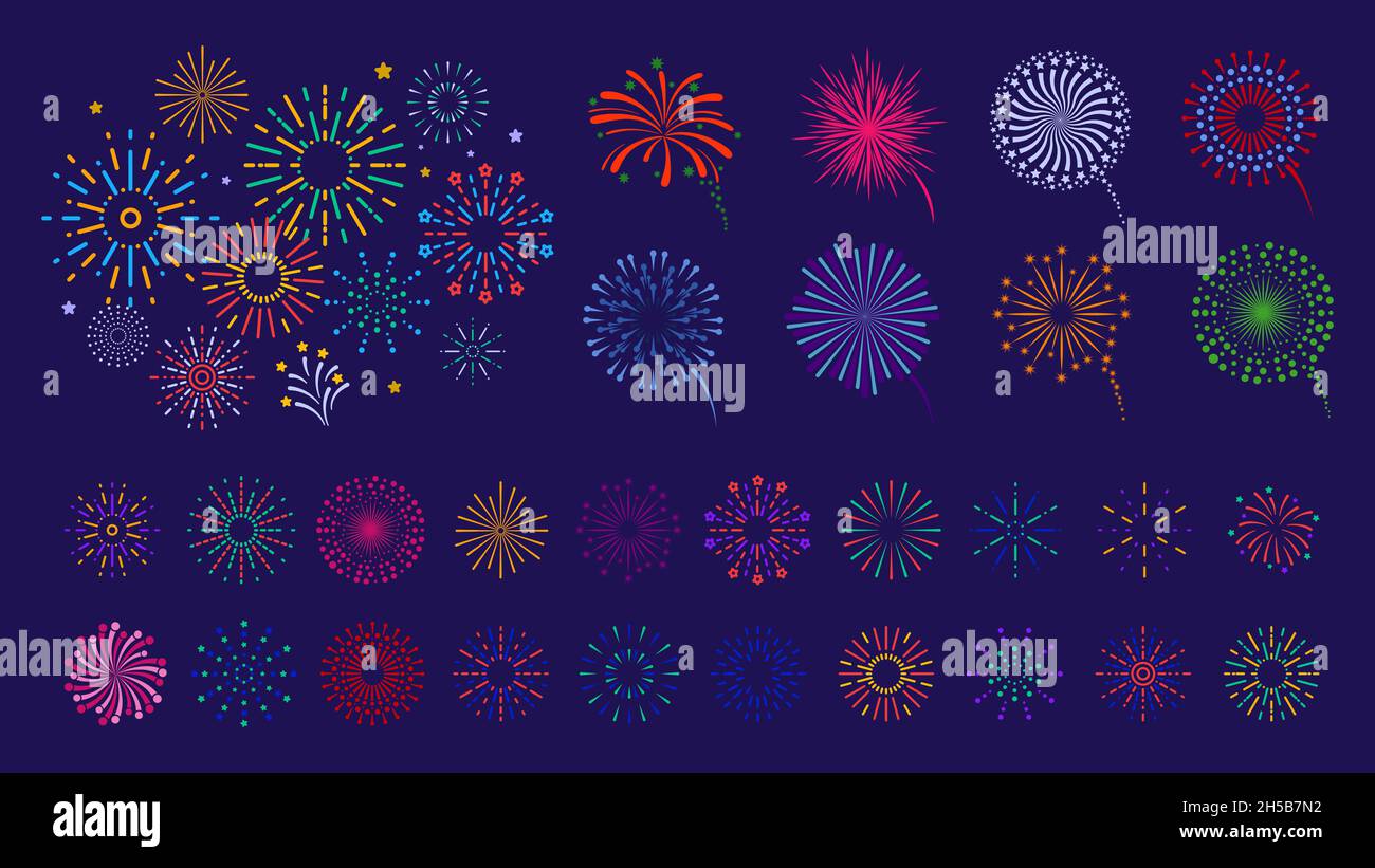 Collezione di fuochi d'artificio. Fuochi d'artificio a colori, fuochi d'artificio festivi. Brillante linea sunburst colorata. Natale, giorno d'indipendenza, festa nazionale o festa Illustrazione Vettoriale