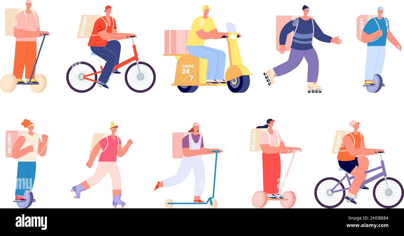 Consegna intelligente di cibo. Corriere in bicicletta, uomo donna che lavora nella spedizione. Personaggi del servizio logistico online, persone isolate che cavalcano il vettore del servizio di trasporto Illustrazione Vettoriale