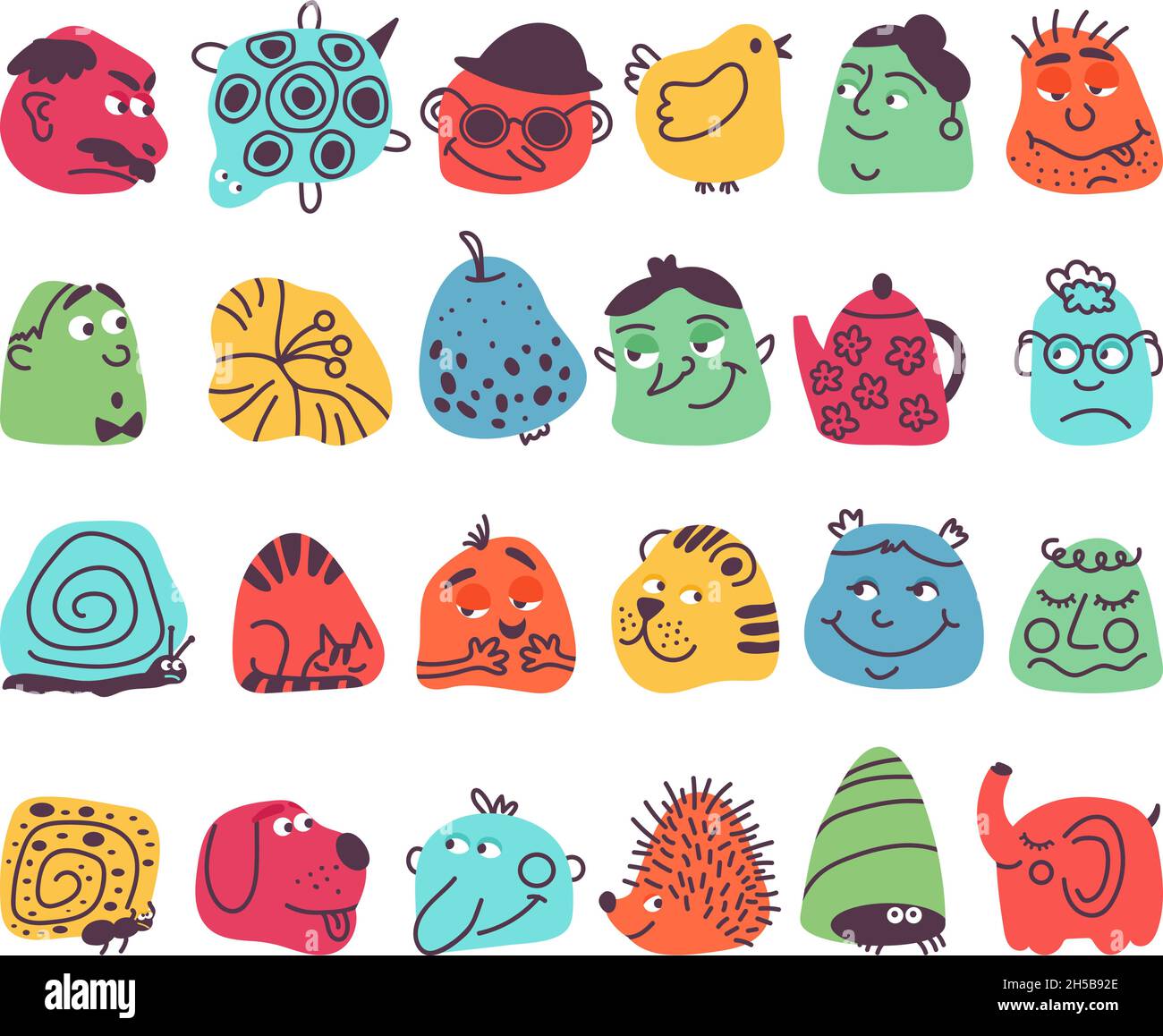 Volti astratti comici. Icone divertenti, collage di caratteri avatar. Brillante cute logo creativo, cartoon diverse forme dinamiche decent vettore set Illustrazione Vettoriale