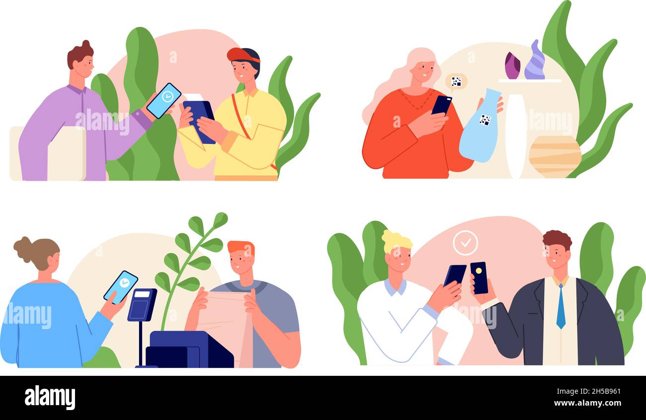 Persone e pagamenti senza contanti. Moderna donna uomo piatto con carta di debito, gli uomini isolati pagano contactless. Set vettore di somma transazione servizi di pagamento Illustrazione Vettoriale