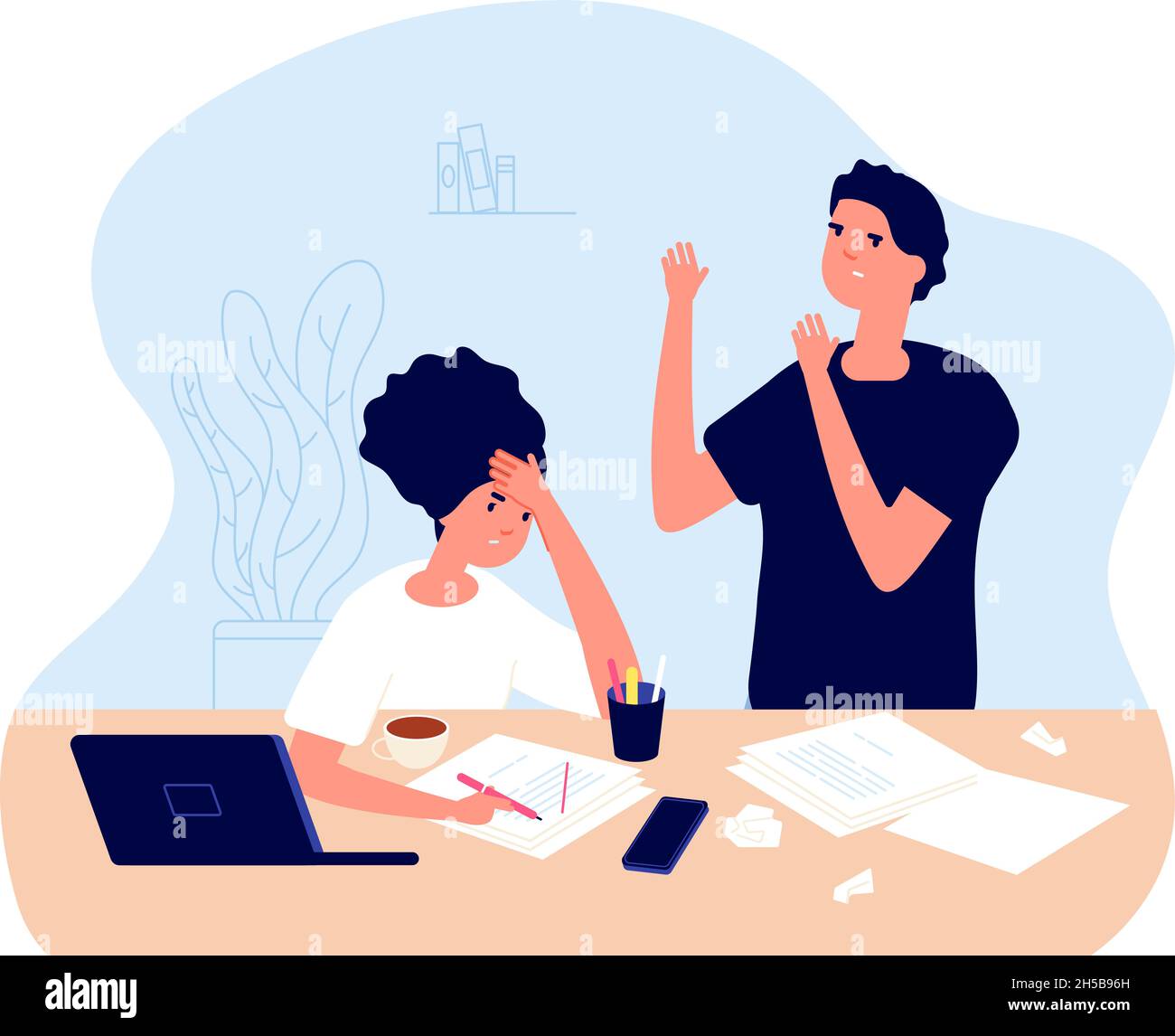 Crisi del lavoro. Donna uomo stanca, crisi in team creativo. Manager arrabbiati, la gente non ha nuove idee. Problemi di creatività concetto vettoriale Illustrazione Vettoriale