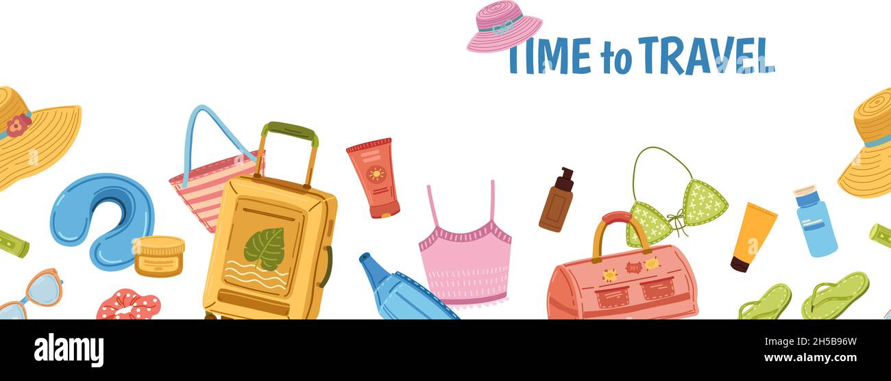 Banner di materiale di viaggio. Turismo, bagagli turistici e borsa da spiaggia. Vacanza estiva senza giunture confine. Vacanze mare oceano, abbigliamento stagione cosmetici e. Illustrazione Vettoriale