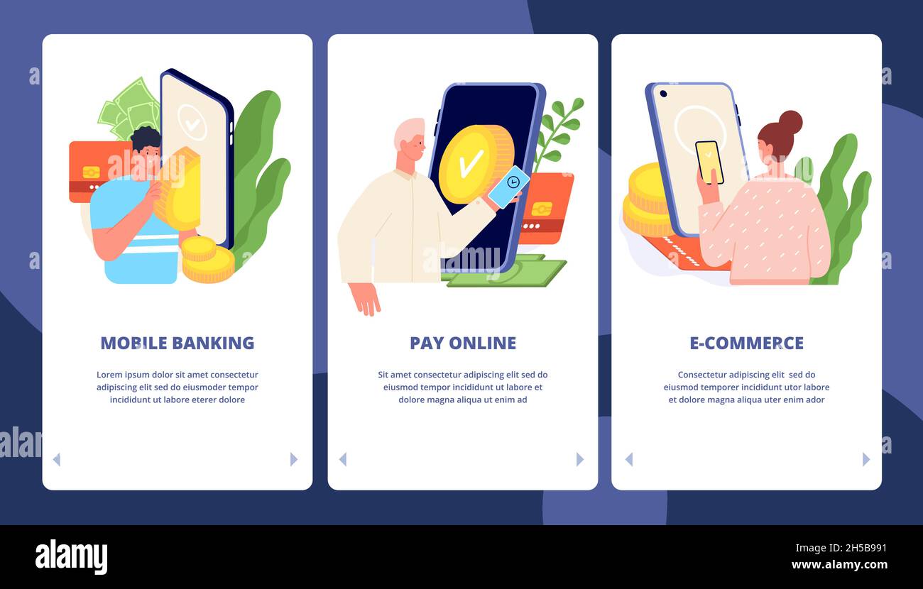 Banner app per i pagamenti mobili. Trasferimento di denaro tramite telefono, applicazione smartphone per transazioni a pagamento tramite Web. Modello vettoriale per l'emissione di fatture senza contanti e senza contanti Illustrazione Vettoriale