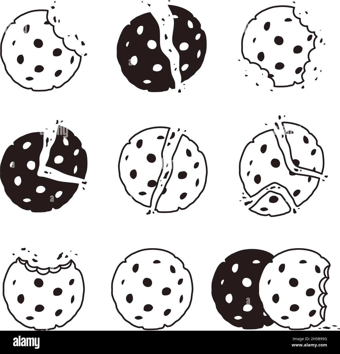 Amalgamare i biscotti sbriciolati. Snack deliziosi biscotti vettoriali stilizzati dessert cibo simboli Illustrazione Vettoriale