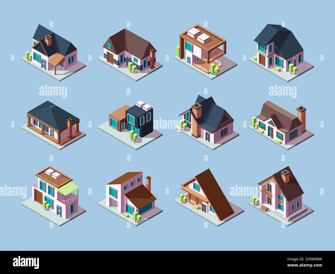 Cottages isometrici. Case di lusso piccoli villaggi residenziali città facciate garish vettore edifici Illustrazione Vettoriale