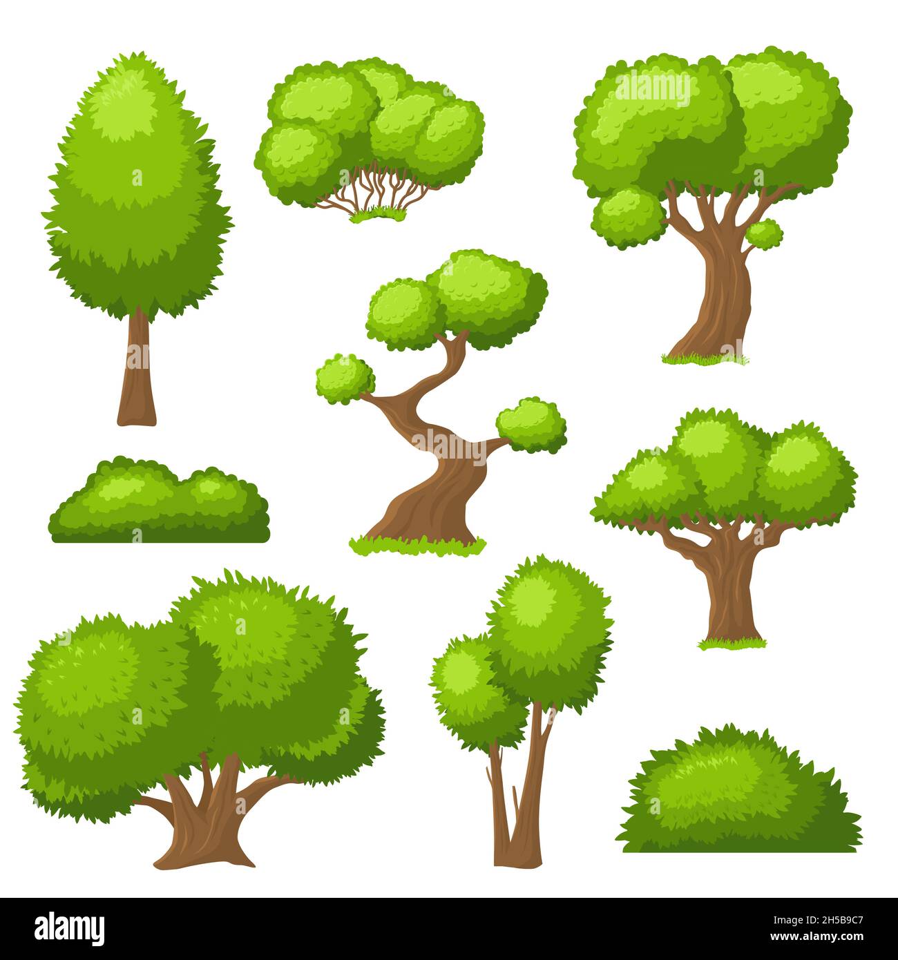 Cartoon albero e cespuglio. Cespugli da giardino, arbusti isolati con foglie verdi. Paesaggio esterno arbusti, piante verdi forme, flora foresta recente vettore set Illustrazione Vettoriale
