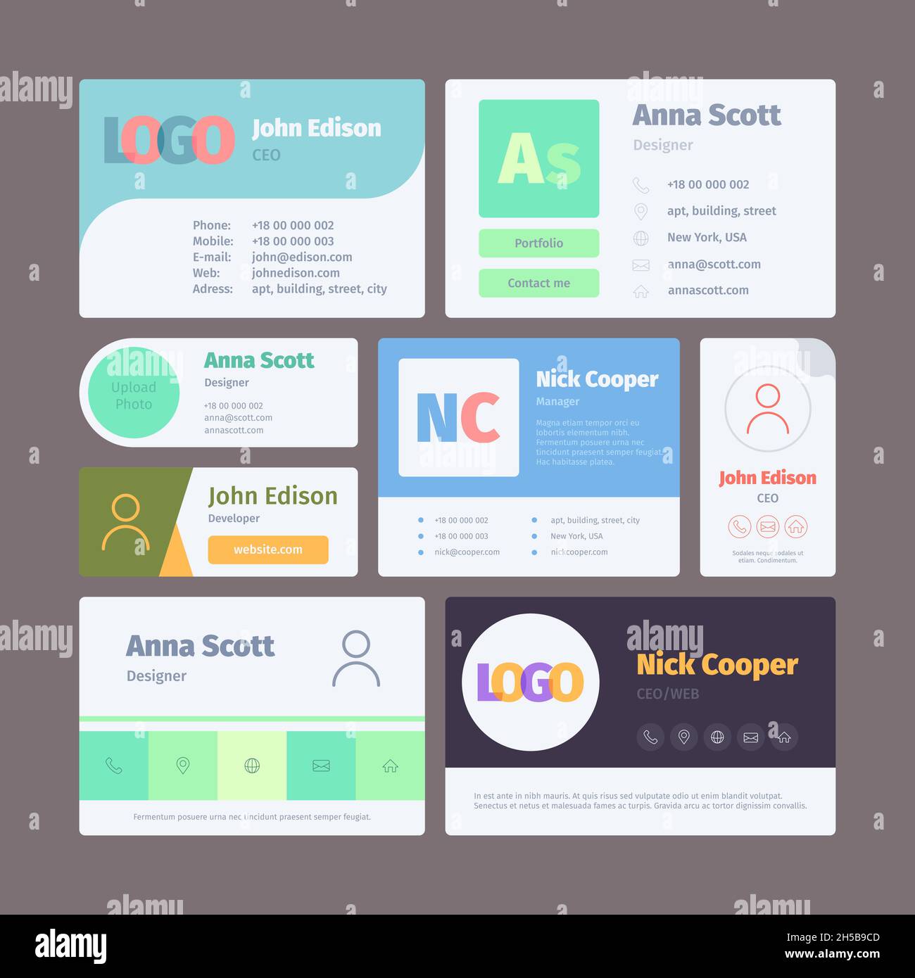 Firma e-mail. Modello di interfaccia utente Web per l'invio tramite e-mail di un moderno set di vettori professionale per il web garish Illustrazione Vettoriale