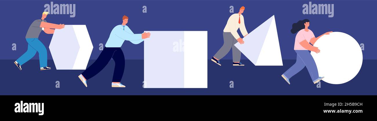 Donna leader di affari. Manager concorrenza, leadership femminile. Uomini d'affari che spingono forme geometriche, gap di genere o metafora del vettore del femminismo Illustrazione Vettoriale