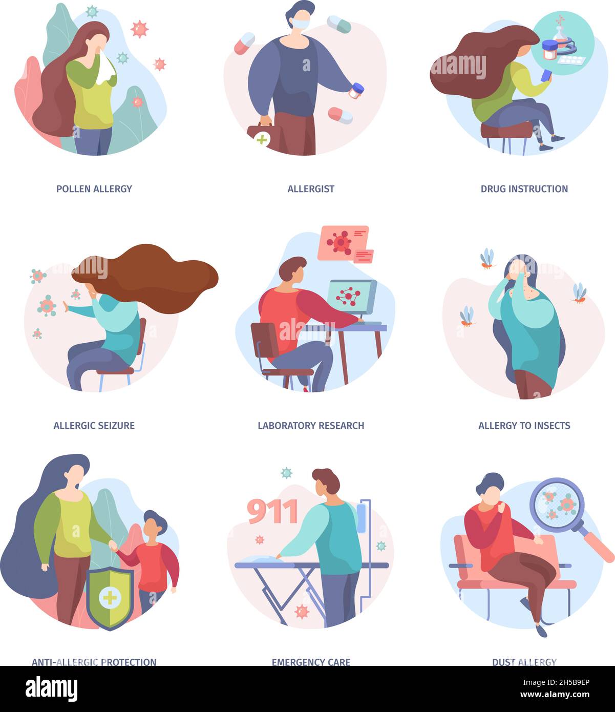 Allergie starnutite. Malattia caratteri stagione medica respiro problemi vettoriali Garish flat immagini Illustrazione Vettoriale