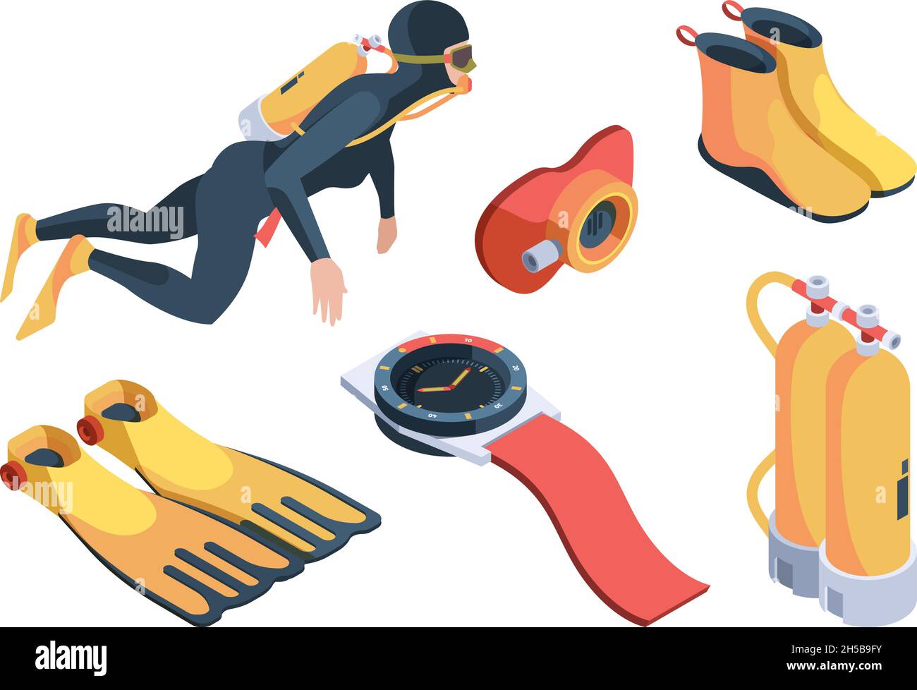 Immersione isometrica. Simboli dello sport acquatico scuba pinne subacquea bombole d'aria subacquea e costumi professionali garish vettoriale subacquei Illustrazione Vettoriale