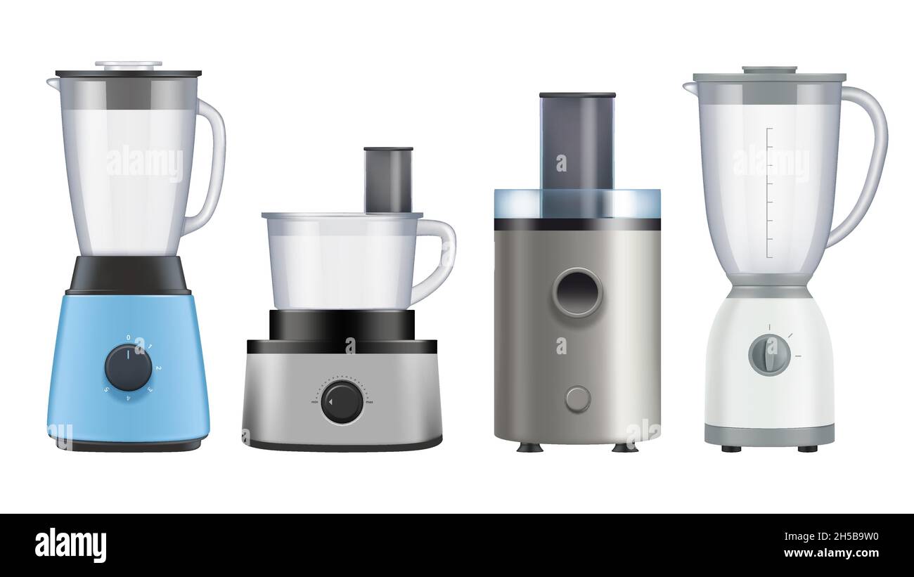 Centrifuga per pasti. Elettrodomestici da cucina per preparare succhi di alimenti liquidi sani frullatore e mixer decenti illustrazioni vettoriali realistiche Illustrazione Vettoriale
