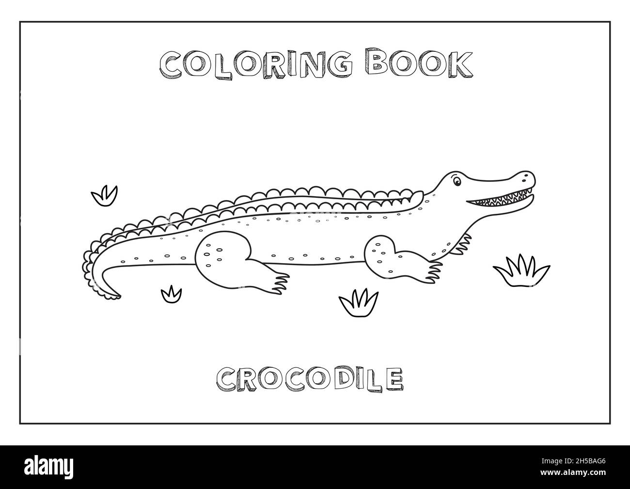 Libro da colorare per bambini con coccodrillo. Bianco e nero, realizzato in vettoriale. Illustrazione Vettoriale