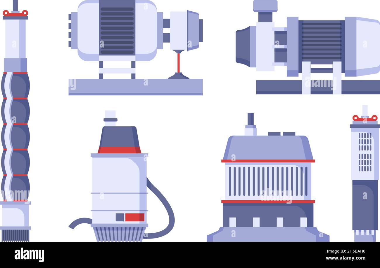 Set pompa dell'acqua. Stazione industriale con motori diesel pompati alimentazione tubi serbatoio macchine fabbrica Garish illustrazioni vettoriali Illustrazione Vettoriale