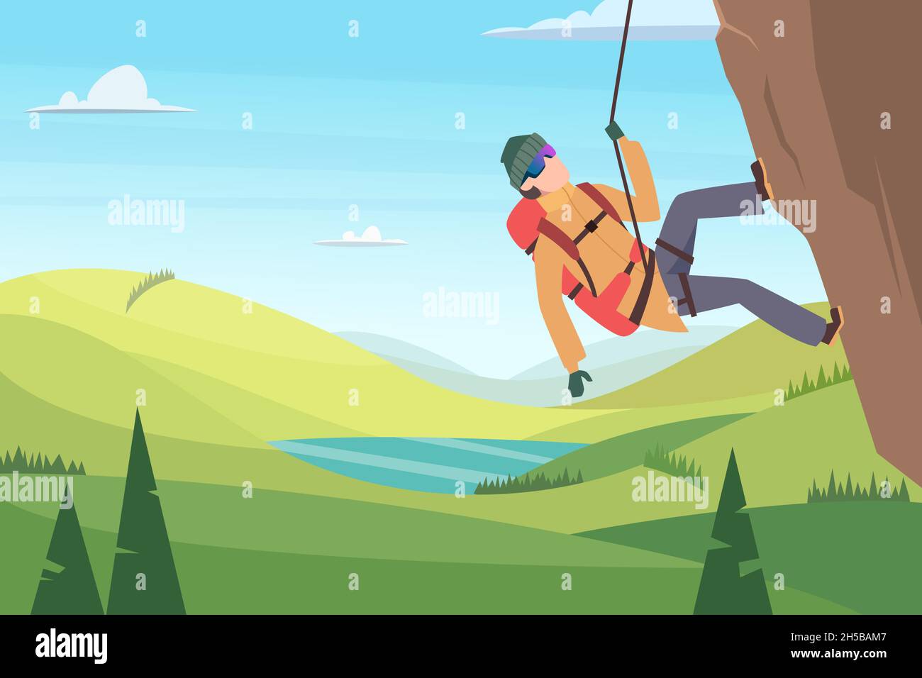 Scalata di montagna sfondo. Personaggi adulti escursioni in grande roccia Extreme sport persone vettoriale avventura illustrazioni Illustrazione Vettoriale
