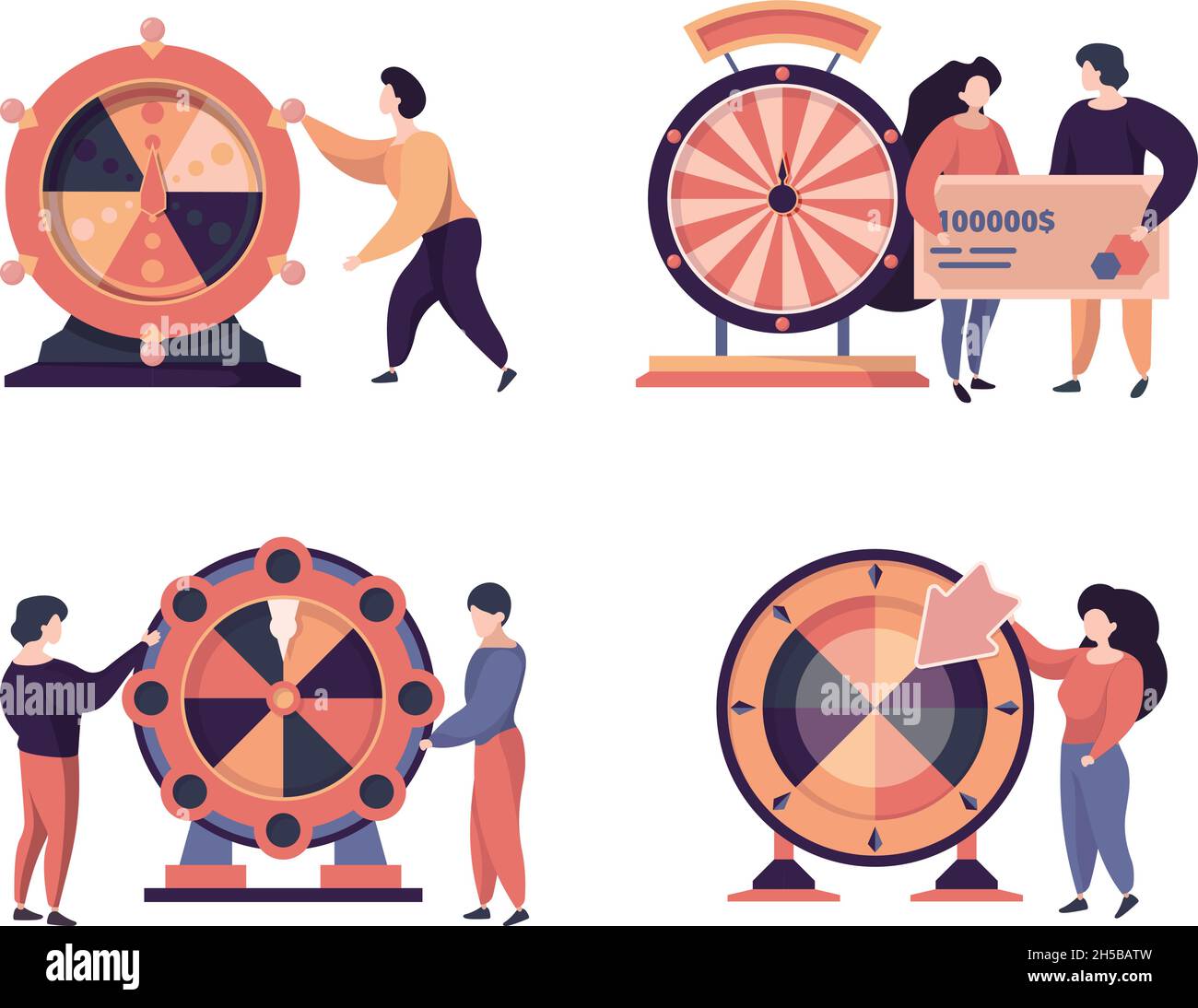 Personaggi Fortune WHEELS. La gente felice che gioca nei giochi d'azzardo Bingo lotteria garish vettore stilizzato concetto illustrazioni Illustrazione Vettoriale