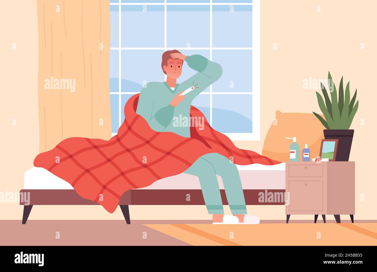 Carattere di malattia nel letto. Virus influenzali cartoon medico sfondo persona caldo seduta nel vettore letto oggi Illustrazione Vettoriale