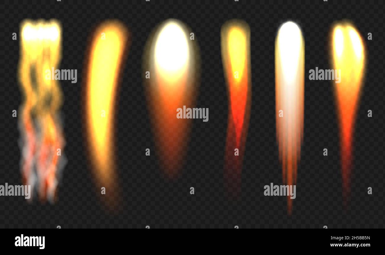 Fiamma del razzo. Getti motore fuoco diverse forme palloni da fuoco vettore decente illustrazioni realistiche Illustrazione Vettoriale