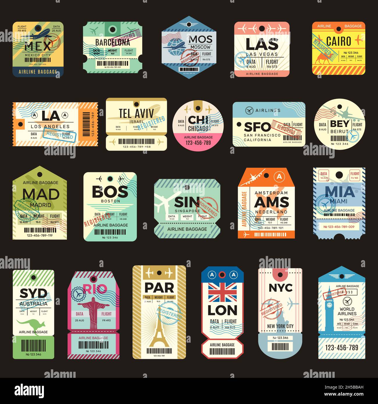 Biglietti di viaggio retrò. Vintage tag per volo aereo biglietto bagaglio set recente collezione vettoriale Illustrazione Vettoriale