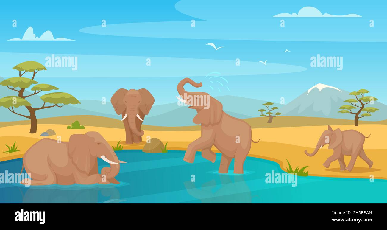 Elephant bere acqua. Savanna animali selvatici a piedi in kenya safari viaggio vettore esatto cartoon sfondo Illustrazione Vettoriale