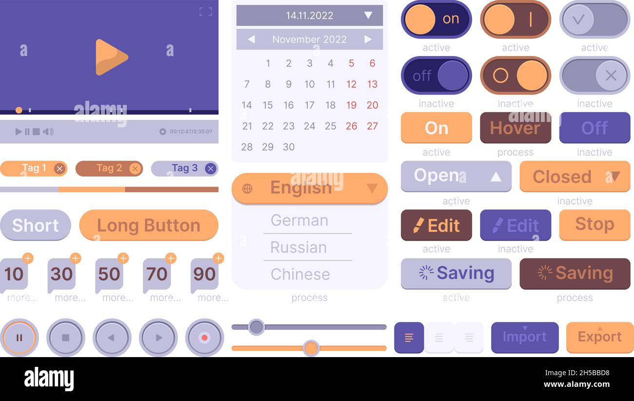 Modelli Web UI. Moderno pulito smartphone tema wireframe elementi app pulsanti interfaccia icone divisori Garish vettore set Illustrazione Vettoriale