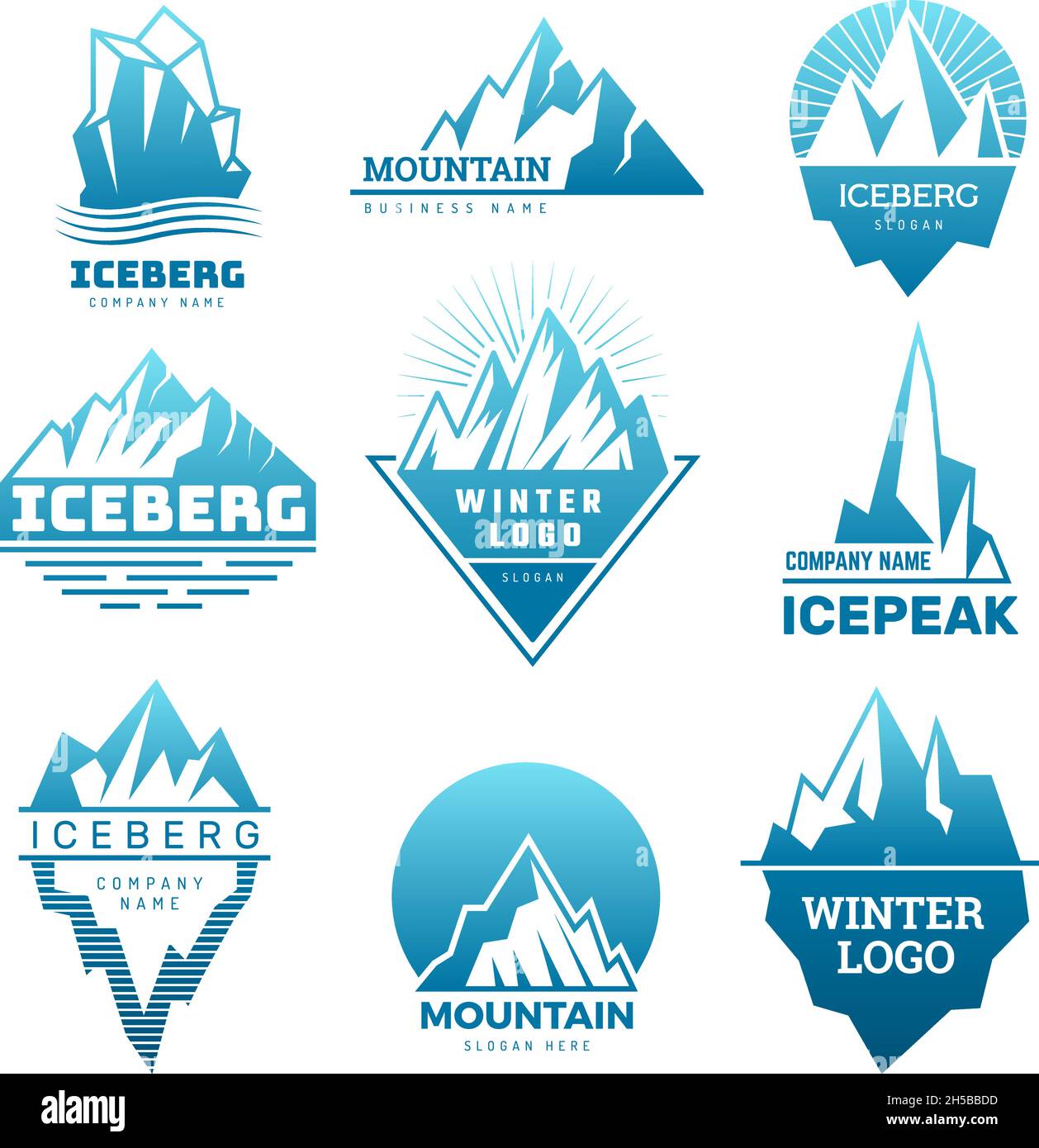 Logo Mountain. Badge con ghiaccio rock immagini iceberg sul polo nord antartico neve meteo stilizzato recenti vettori business simboli Illustrazione Vettoriale
