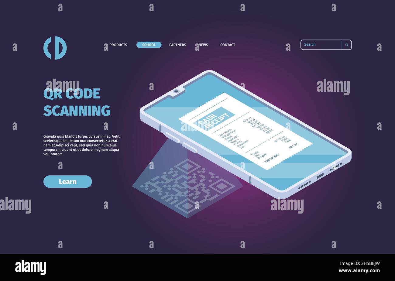 Destinazione della scansione del codice QR. Scanner di lettura del codice di verifica dello smartphone immagini infografiche concetto vettoriale garish Illustrazione Vettoriale