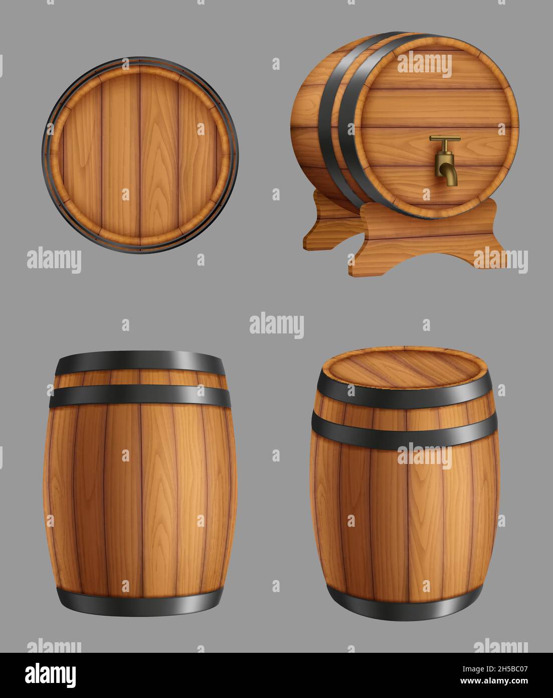 Botti di legno. Contenitori per liquidi alcolici birra o botti di sughero vecchio vino con cerchi in acciaio decenti modelli vettoriali realistici Illustrazione Vettoriale