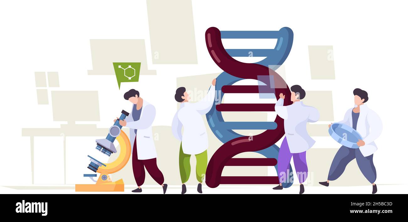 Tecnologia del DNA. Scienziati che imparano genetica biologica integrativa dna ricerca caratteri laboratorio Garish vettore concetto di fondo Illustrazione Vettoriale