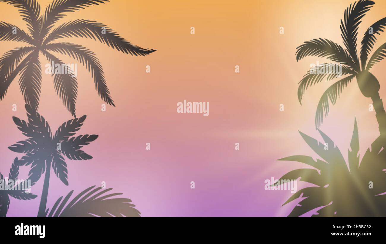 Sfondo Palm. Tramonto estivo, sole tra rami. Sfondo di feste stagionali, sunburst e sagome degli alberi illustrazione vettoriale Illustrazione Vettoriale