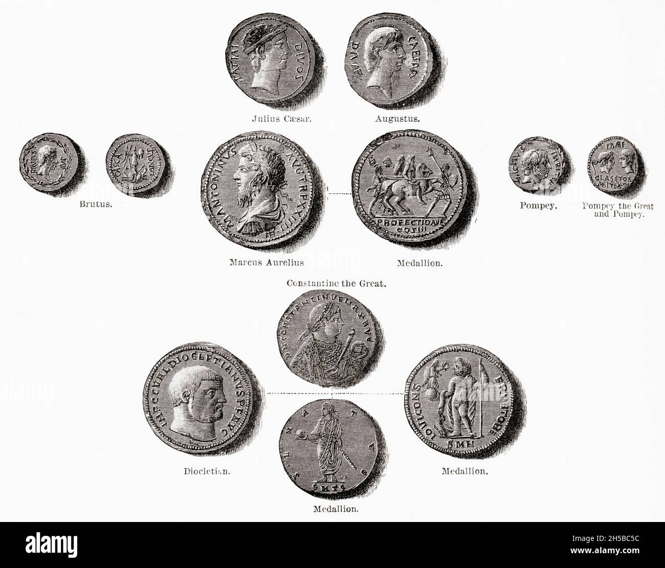 Monete della Repubblica Romana e dell'Impero. Dalla storia universale illustrata di Cassell, pubblicata nel 1883. Foto Stock