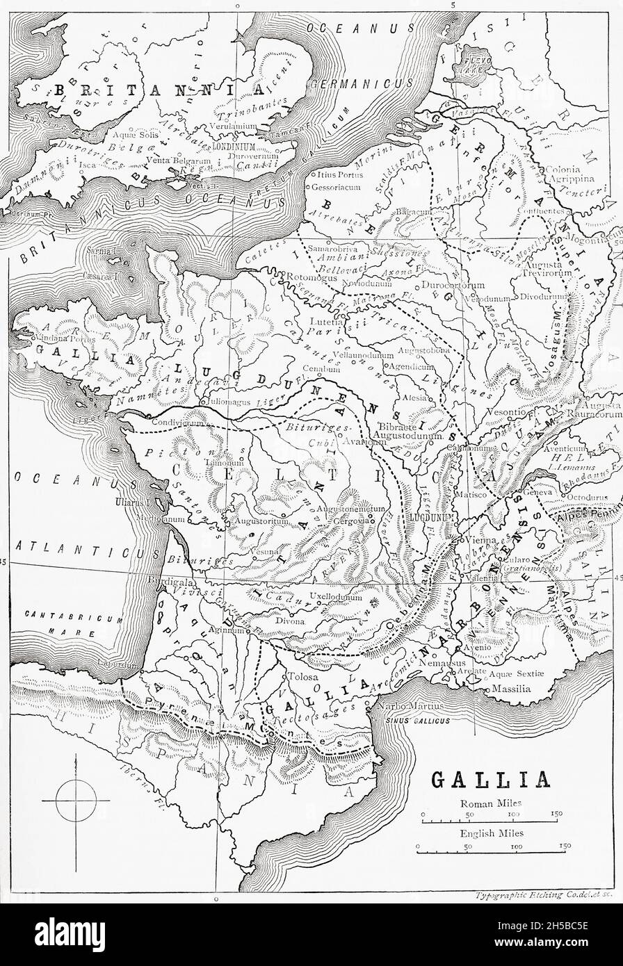 Carta della Gallia e parte della Gran Bretagna, c. 58 a.C. Dalla storia universale illustrata di Cassell, pubblicata nel 1883. Foto Stock