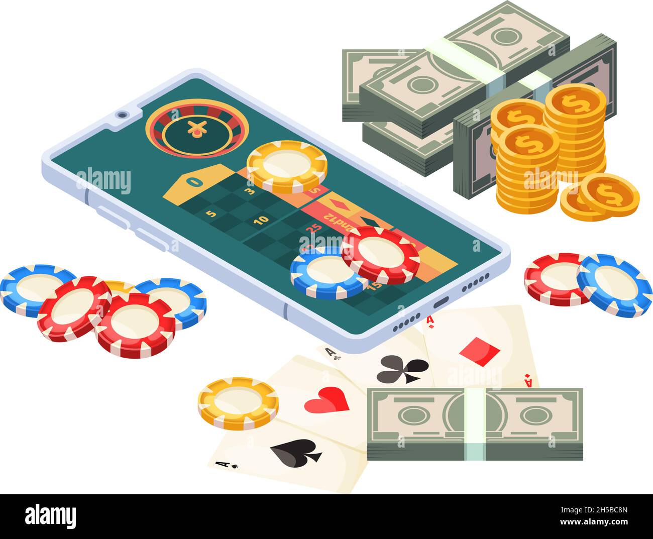 Casinò online. Concetto isometrico mobile digitale gioco d'azzardo denaro per i vincitori smartphone garish vettore illustrazioni Illustrazione Vettoriale