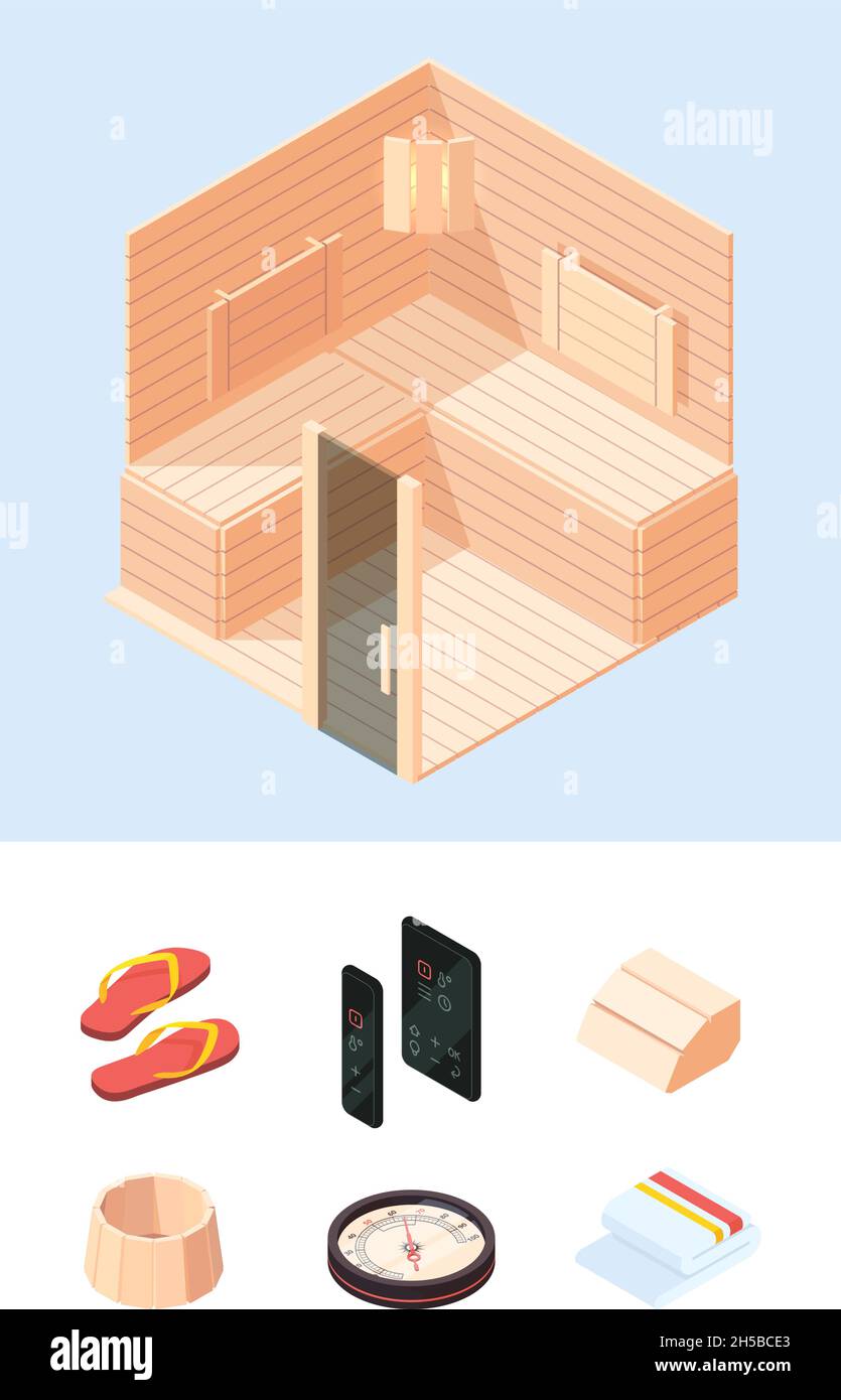 Rilassante sauna in legno. Interni e accessori per sauna terapia asciugamano vapore pietre calde secchio in legno Garish vettoriale illustrazioni 3d Illustrazione Vettoriale