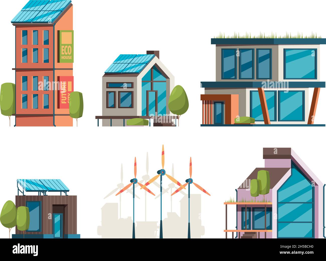 Edifici ecologici. Pannelli solari Energy Smart su case edifici moderni e mulini a vento Garish vettore illustrazioni piatte viste ortogonali Illustrazione Vettoriale