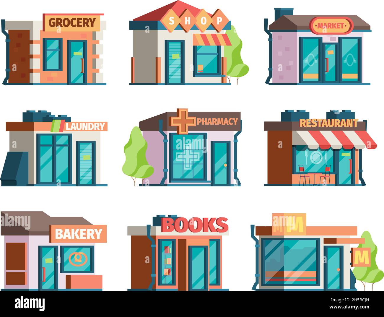 Facciata fronte negozio. Facciata urbana del mercato locale esterno Ristorante moderno e caffe' garish vettoriale edifici della citta' Illustrazione Vettoriale