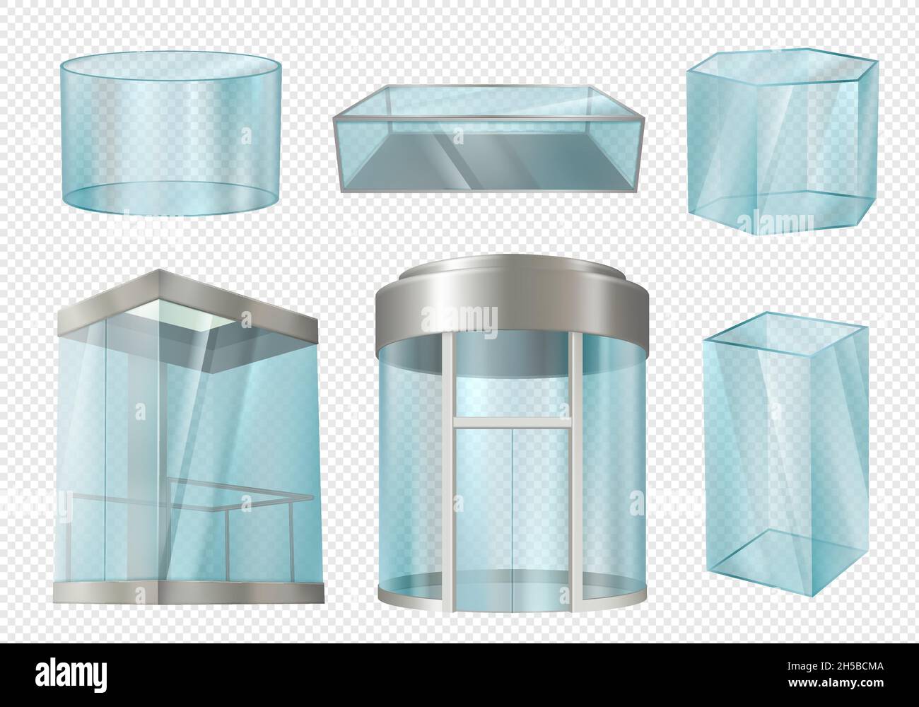 Cilindri in vetro. Vetrine trasparenti stand in varie forme cilindro cubo bianco elevatore in centro commerciale. Modelli realistici vettoriali decenti Illustrazione Vettoriale