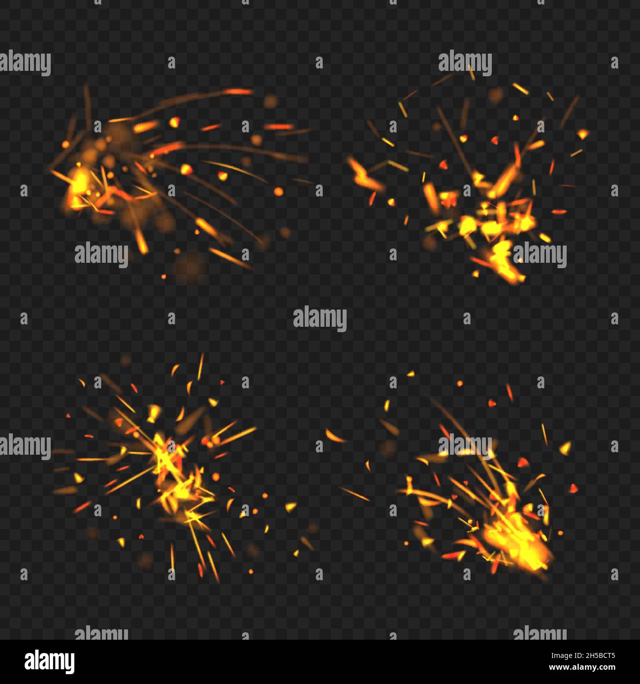Scintille realistiche. Fuoco effetti fiamma piccole parti incandescenti particelle decente vettore bengala bruciando scintille raccolta Illustrazione Vettoriale