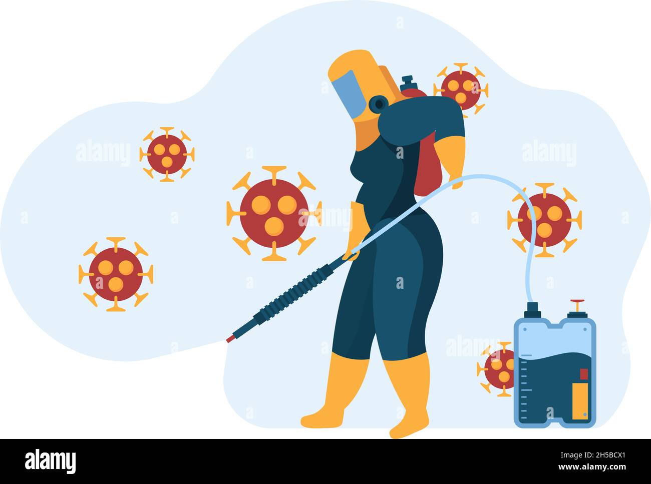 Lavoratori di sanificazione di Covid. Concetto di sicurezza professionale servizio di pulizia in piedi in maschera uniforme resperator Illustrazione Vettoriale