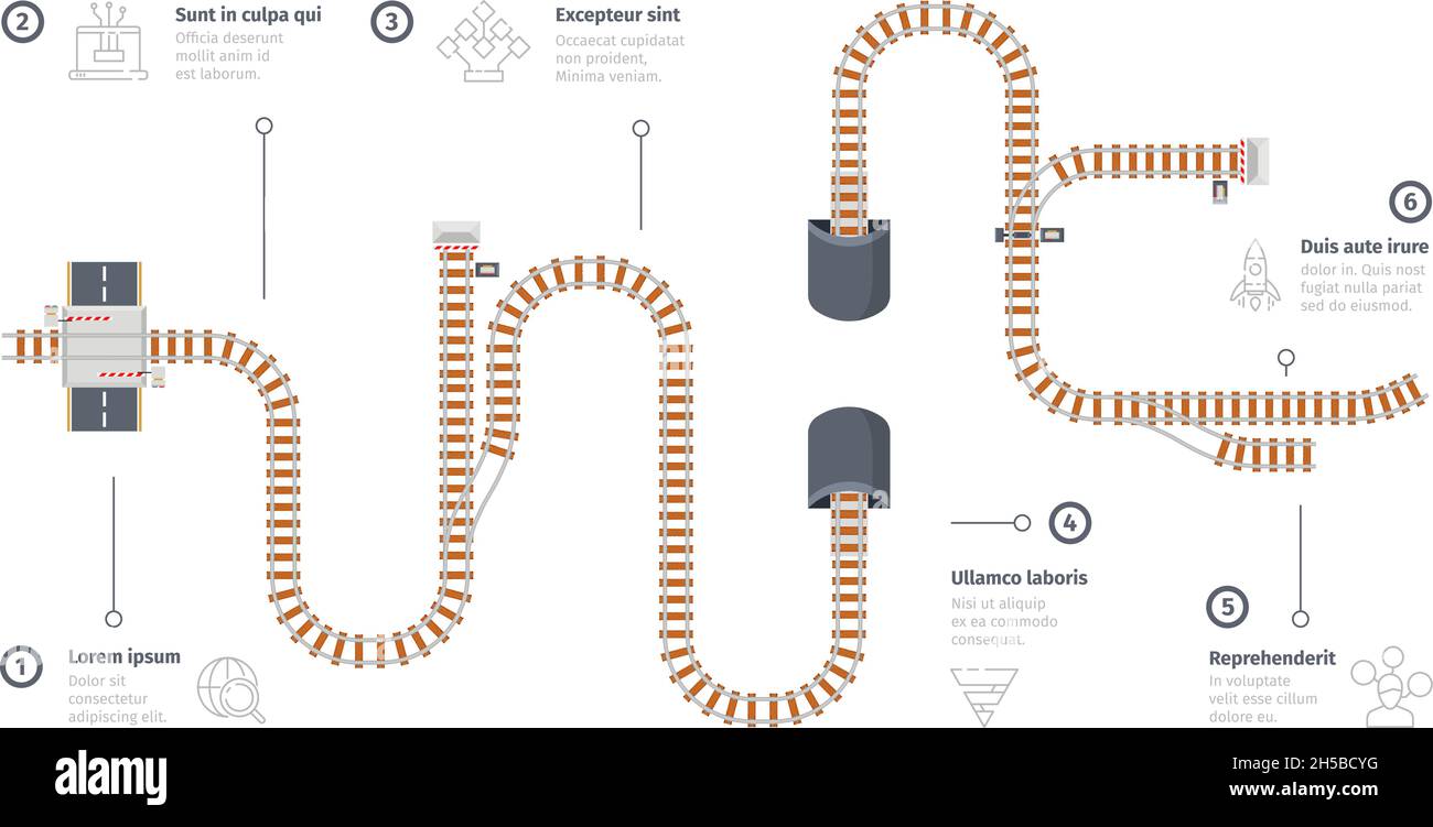 Strada ferroviaria. Infografica aziendale con mappe ferroviarie punti stazione navigazione città tracking labirinto concetto Garish vettore immagine modello Illustrazione Vettoriale