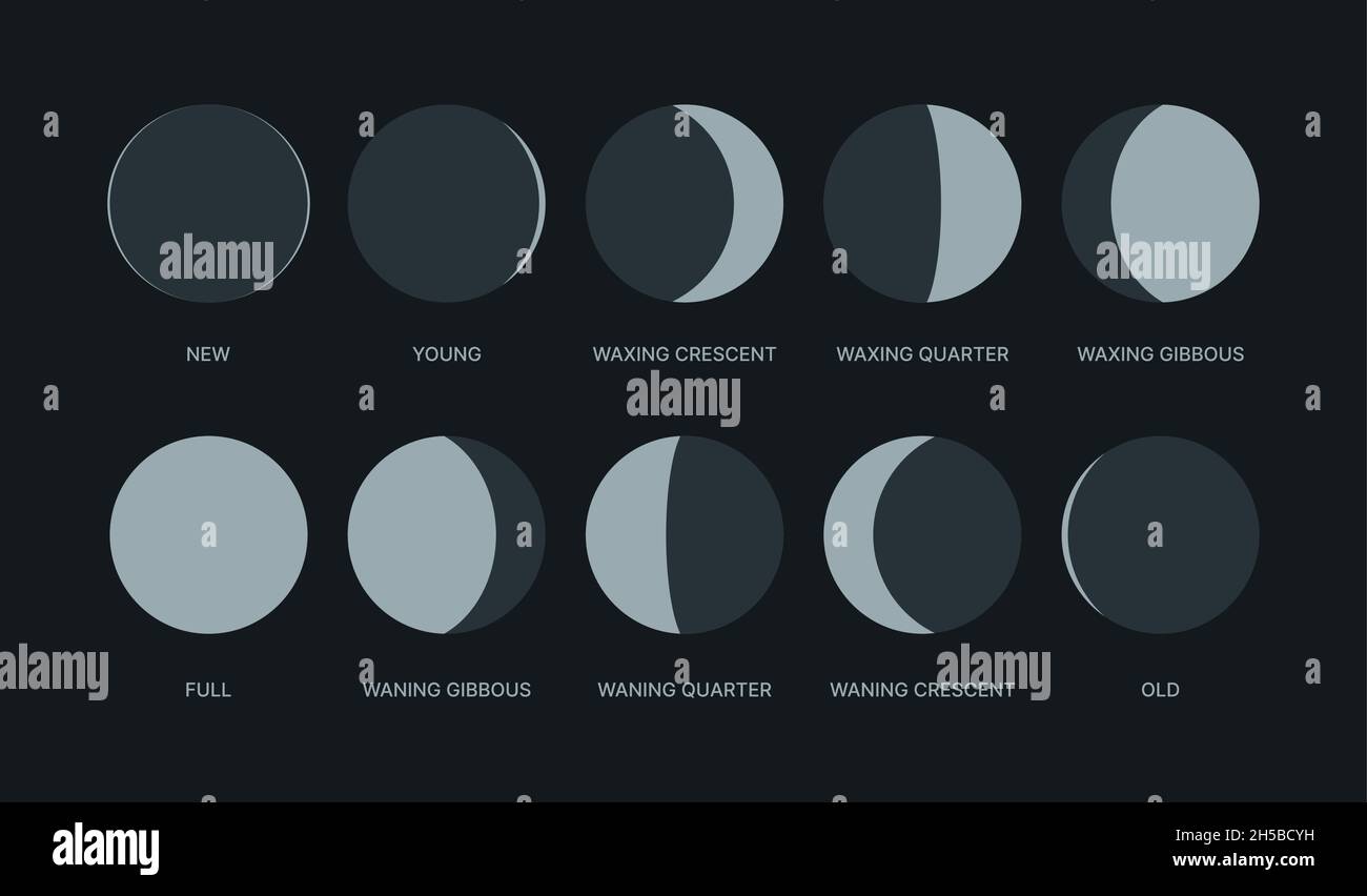 Fasi lunari. Simboli della notte per il calendario lunare cerchio forme rotonde loghi pacchetto ceretta vettore garish forme stilizzate isolato Illustrazione Vettoriale