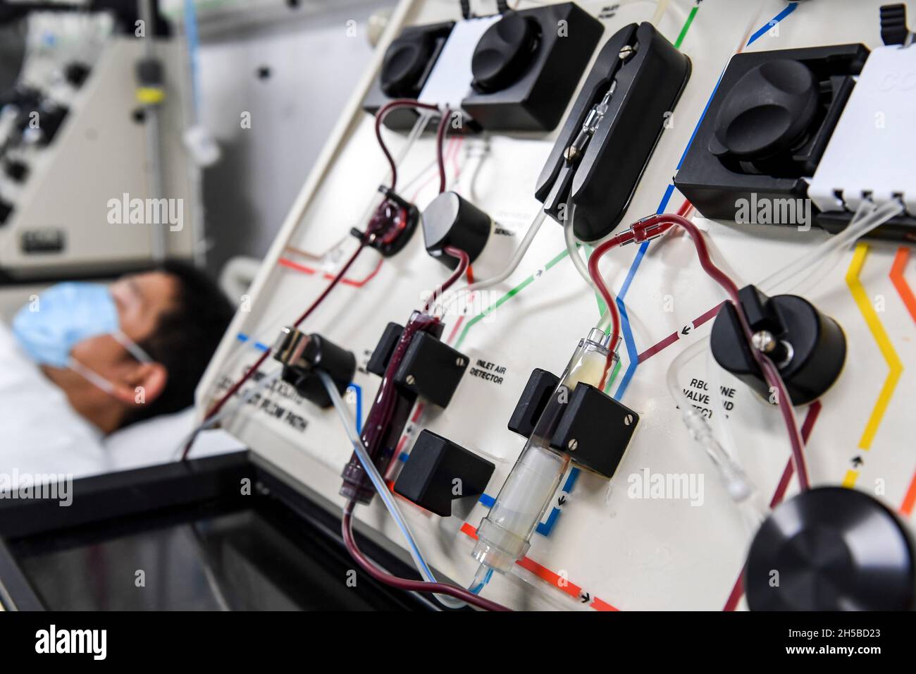 (211108) -- NANNING, 8 novembre 2021 (Xinhua) -- il dottor li dona le sue cellule staminali ematopoietiche al primo Ospedale Affiliato della Guangxi Medical University di Nanning, nella regione autonoma di Guangxi Zhuang della Cina meridionale, nel novembre del 2021. Li, un medico del reparto di ematologia del primo ospedale affiliato della Guangxi Medical University, registrato con il programma donatore di Marrow Cina (CMDP) come potenziali donatori di cellule staminali ematopoietiche (HSC) nel novembre del 2011. Come medico che fornisce trattamenti ematopoietici delle cellule staminali per i pazienti, egli abbina con successo un paziente come donatore di HSC nell'agosto di Foto Stock