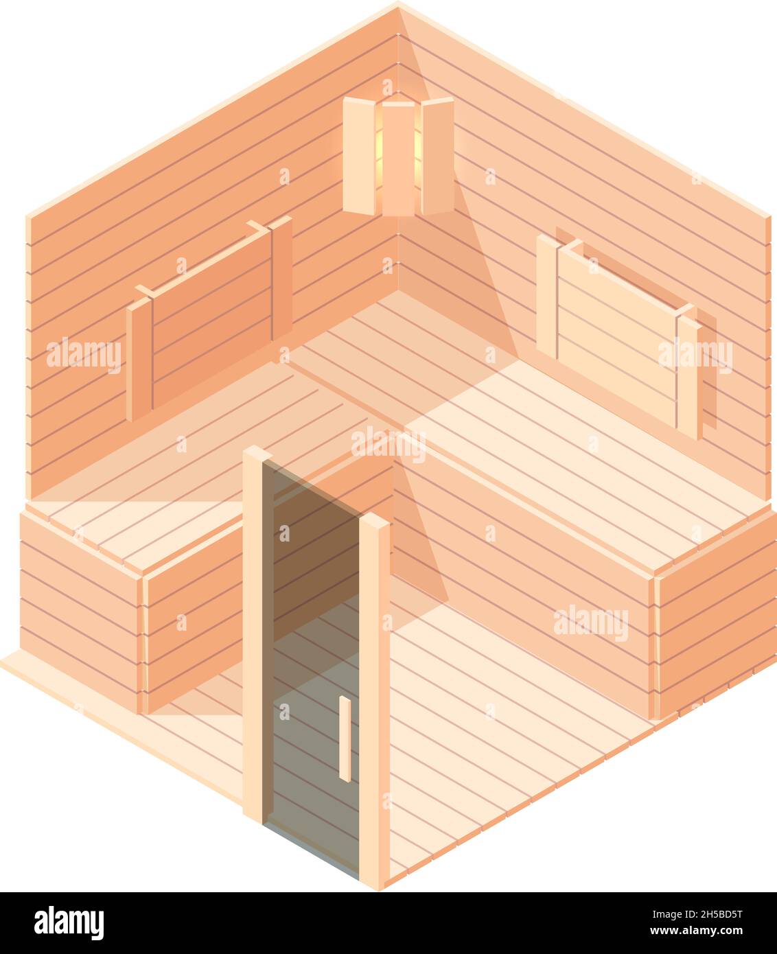 Sauna isometrica. Interni in legno di sala sauna russa sala terapia relax con panca e pietre calde illustrazioni vettoriali 3d Illustrazione Vettoriale