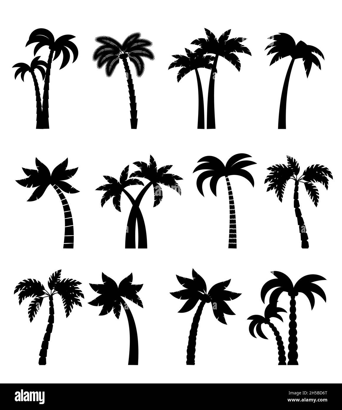 Sagome vettoriali di palme. Palms albero set illustrazione isolato su bianco, disegno a mano relax palmtree disegni per mare e spiaggia viaggi disegni Illustrazione Vettoriale