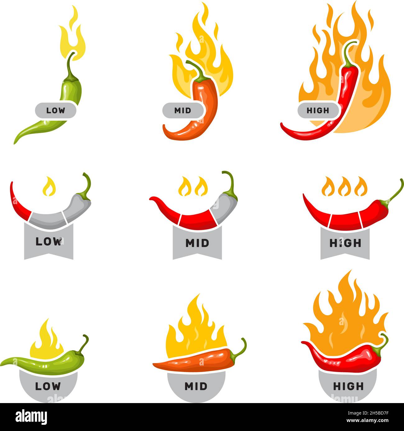Peperoni rossi. Etichette per cucina medio basso e alto livello di visualizzazione adesivi con peperoncino rosso caldo spezie alimenti ingredienti recenti simboli vettoriali Illustrazione Vettoriale