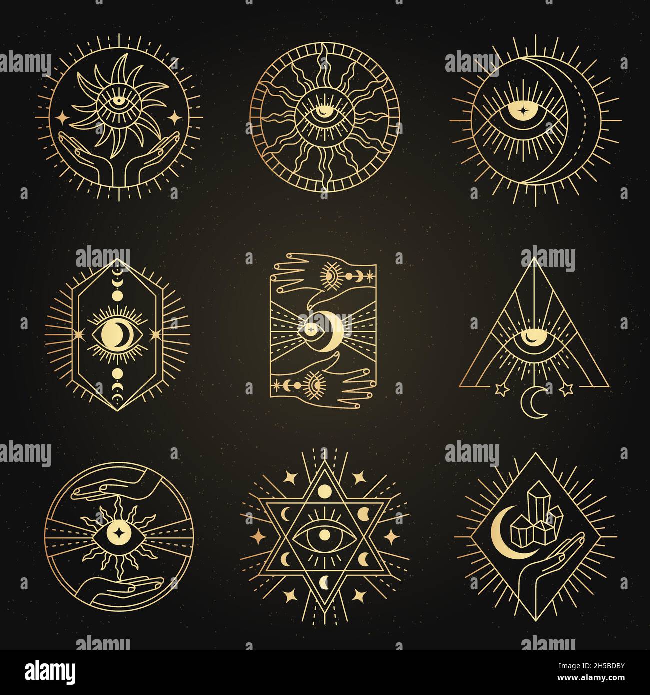 Emblemi occulti. Meditazione alchimia esoterismo mistico simboli magici forme di linee geometriche vettoriali recenti per collezioni di logotipi aziendali Illustrazione Vettoriale