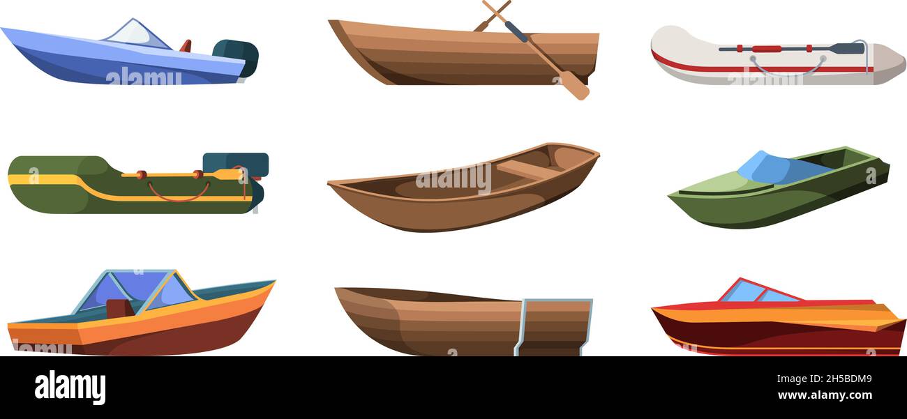 Tipi di barche. Navi di legno per mare o vela marina garish vettore trasporto per fiume flat illustrazioni set isolato Illustrazione Vettoriale
