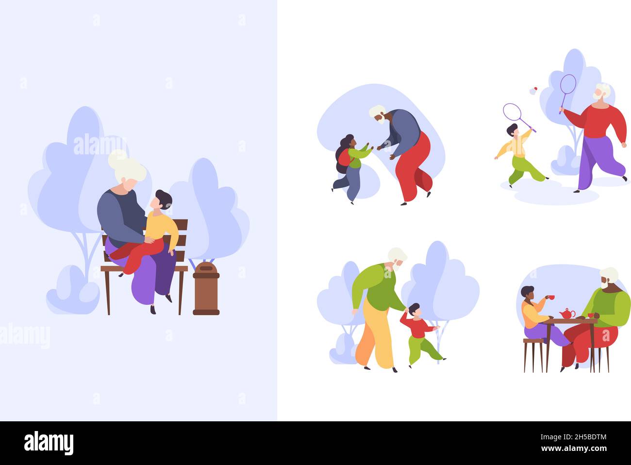 Persona anziana e nipoti. Famiglia felice persone anziane che giocano con i bambini nonno e nonna che camminano insieme garish vettore stilizzato Illustrazione Vettoriale