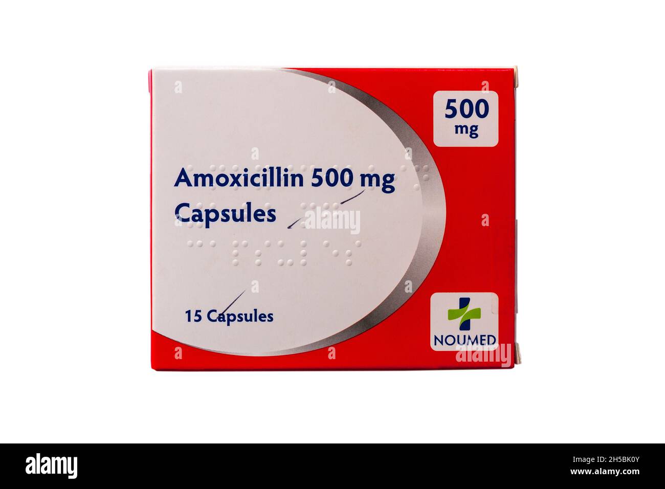 Confezione di Amoxicillin Capsule 500 mg antibiotici Noumed usati per trattare un certo numero di infezioni batteriche - capsule antibiotiche, pillole antibiotici Foto Stock