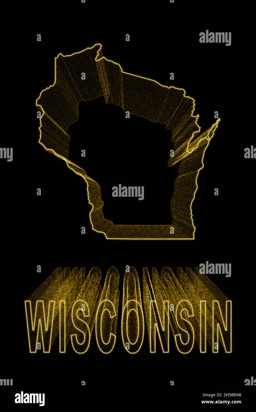 Mappa di Wisconsin, Gold Mappa su sfondo nero, effetto oro Foto Stock